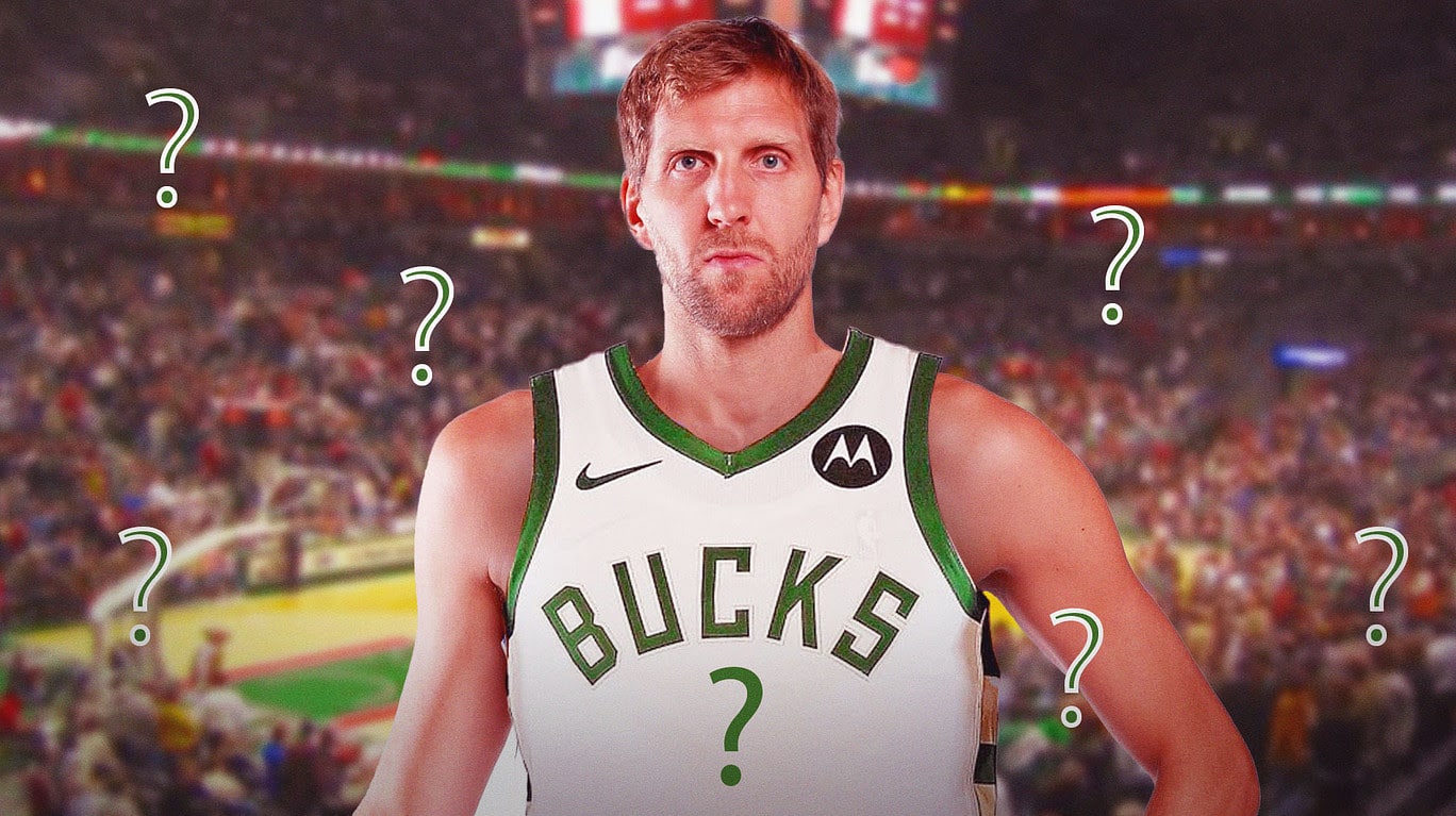 Dirk Nowitzki in a Milwaukee Bucks jersey with question marks