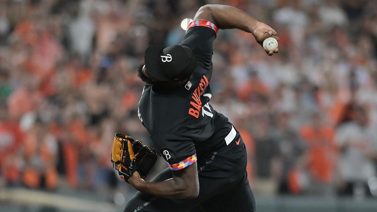 Baltimore Orioles relief pitcher Felix Bautista (74) throws a ninth inning pitch against the Colorado Rockies at Oriole Park at Camden Yards.