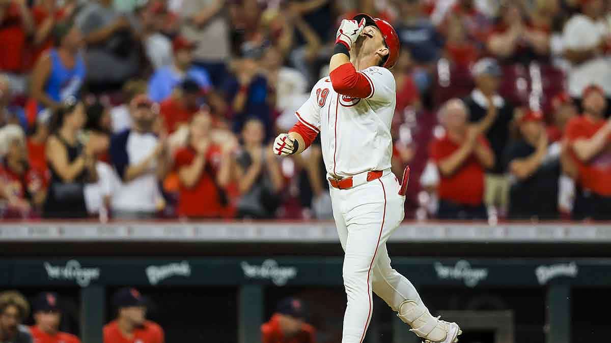 Cincinnati Reds outfielder TJ Friedl (29) reacts after hitting a solo home run in the seventh inning against the St. Louis Cardinals at Great American Ball Park.