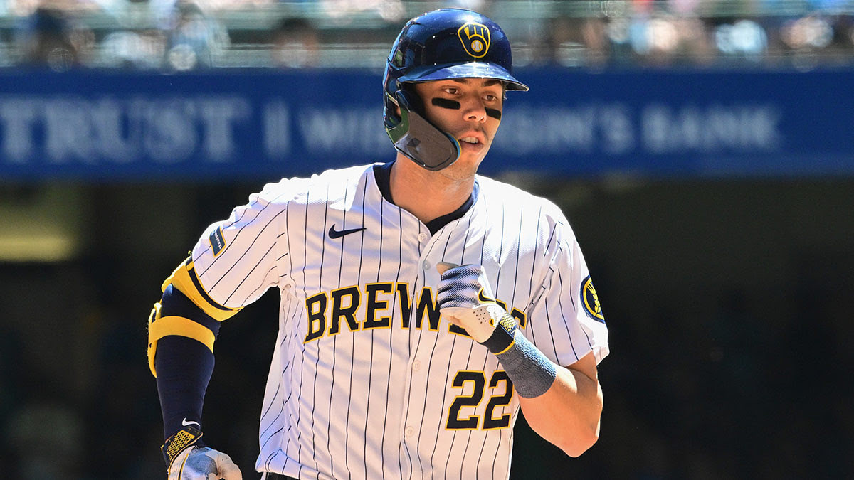 Milwaukee Brewers left fielder Christian Yelich (22) runs the bases after hitting a two run home run in the fourth inning against the Chicago Cubs at American Family Field.