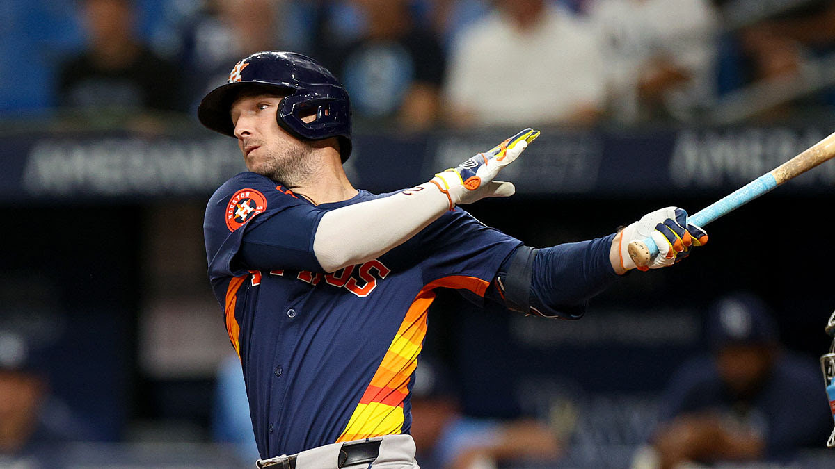 Houston Astros third baseman Alex Bregman (2) hits a home run against the Tampa Bay Rays in the first inning at Tropicana Field.
