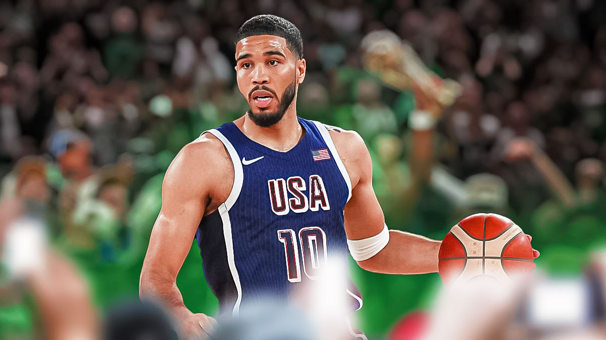 Jayson Tatum in a Team USA jersey with a Celtics background