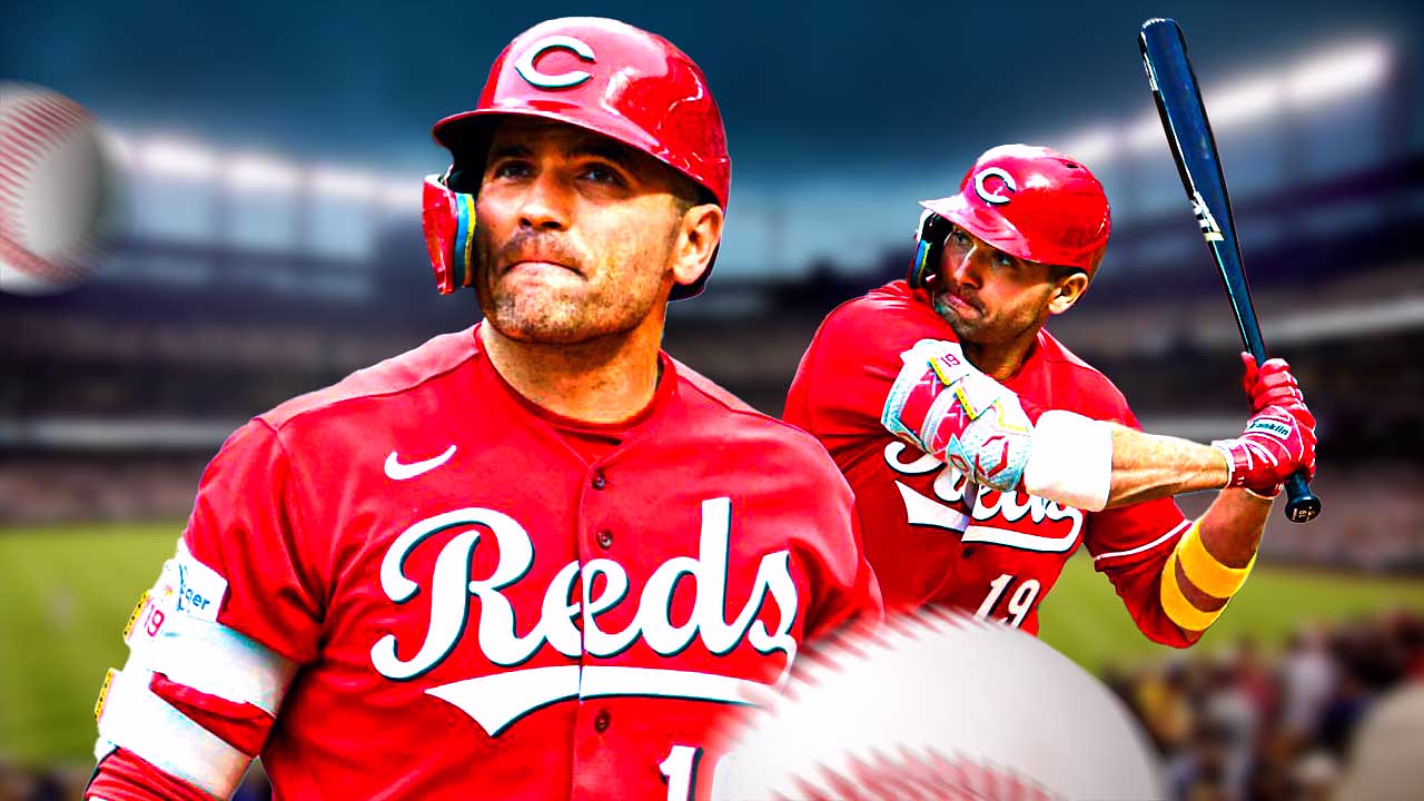Joey Votto looking serious in front. In background, Reds Joey Votto swinging a baseball bat.