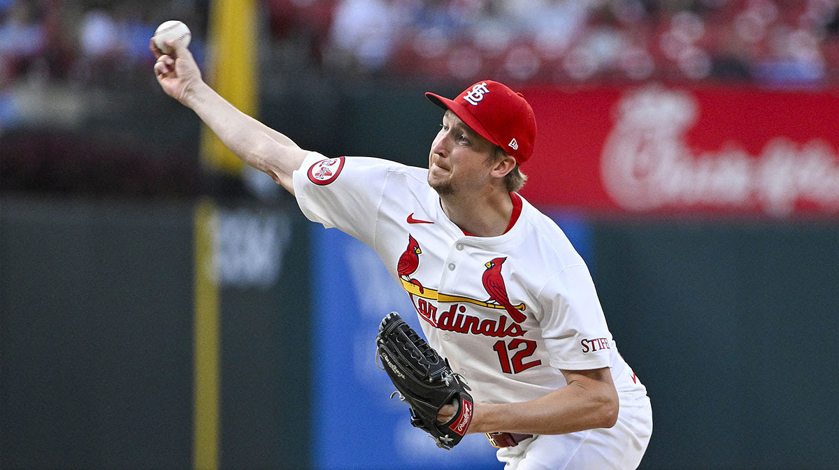 St. Louis Cardinals starting pitcher Erick Fedde (12) pitches against the Milwaukee Brewers during the second inning at Busch Stadium.
