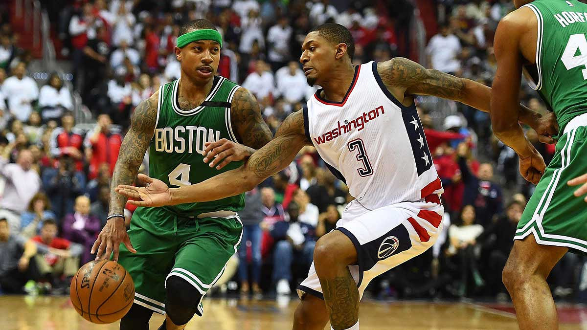 Boston Celtics guard Isaiah Thomas (4) dribbles the ball as Washington Wizards guard Bradley Beal (3) defends during the second quarter in game four of the second round of the 2017 NBA Playoffs at Verizon Center.