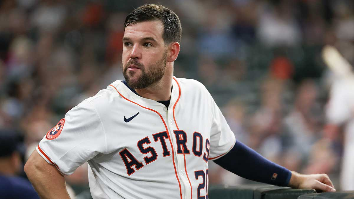 Houston Astros right fielder Chas McCormick (20) looks out from the dugout while the Astros play against the Colorado Rockies in the fifth inning at Minute Maid Park.