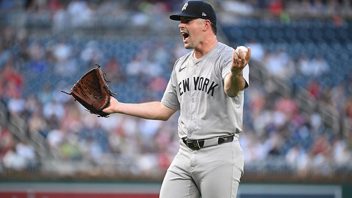 New York Yankees starting pitcher Carlos Rodon (55) reacts after having a ball called him against the Washington Nationals during the first inning at Nationals Park.