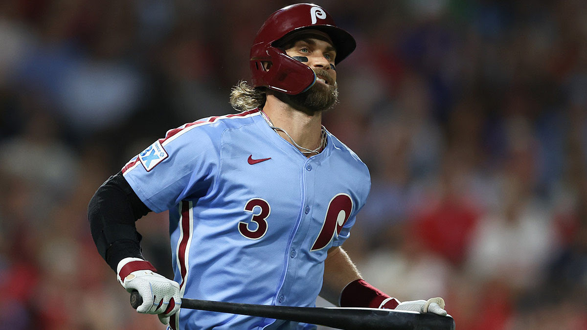 Philadelphia Phillies first baseman Bryce Harper (3) reacts after being tagged out in the fifth inning against the Atlanta Braves at Citizens Bank Park.