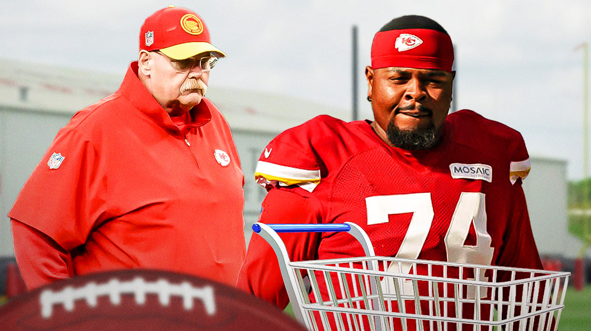 Kansas City Chiefs head coach Andy Reid in his KC red shirt next to an image of Jawaan Taylor leaving the Chiefs practice field on a cart