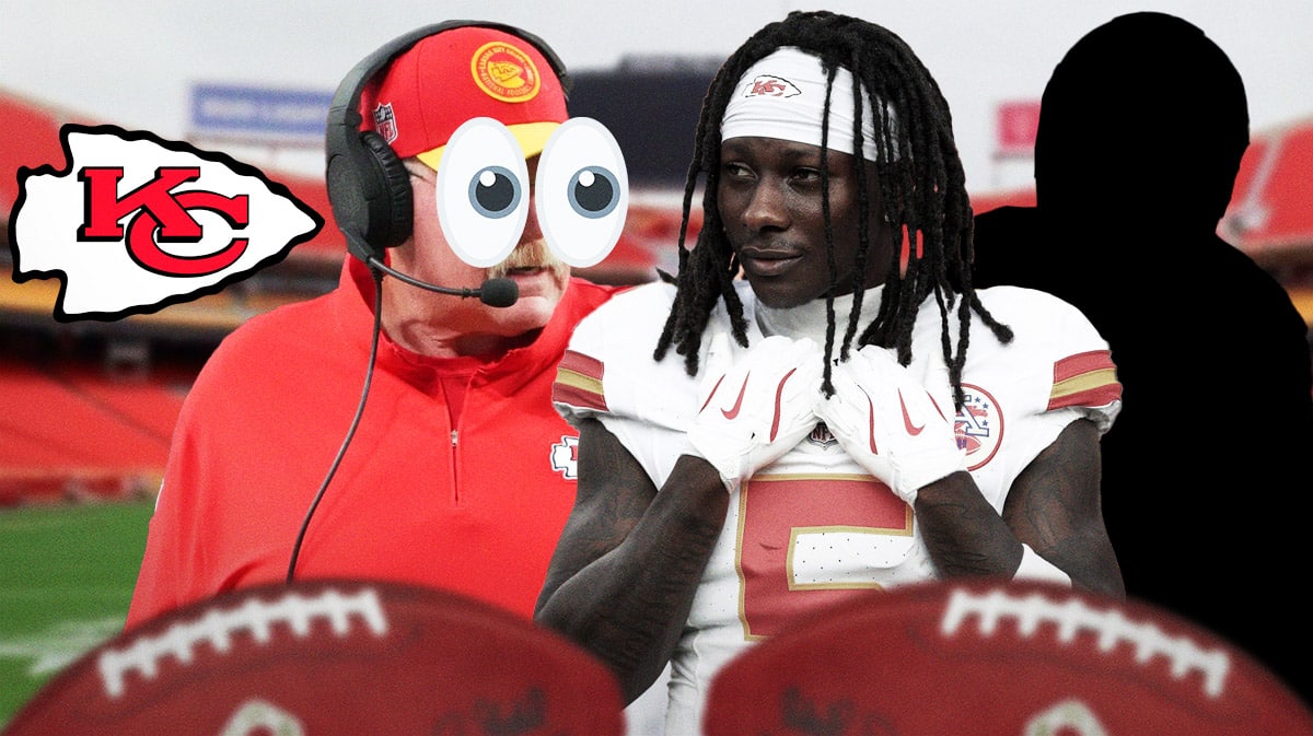 Chiefs Andy Reid next to Marquise Brown and a silhouette