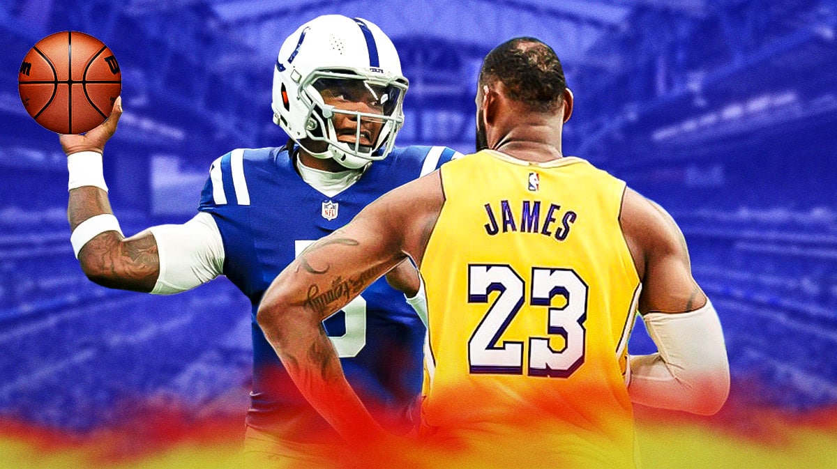 Anthony Richardson dunking a basketball on LeBron James with a Colts-colored background.