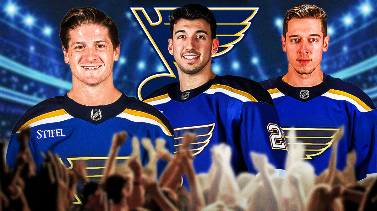 Torey Krug, Jordan Kyrou, and Jordan Binnington in front of Blues logo