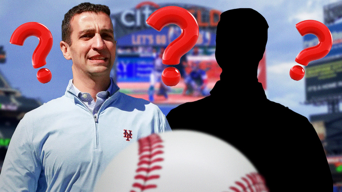 David Stearns on one side, a silhouette of a baseball general manager on the other side, a bunch of question marks in the background