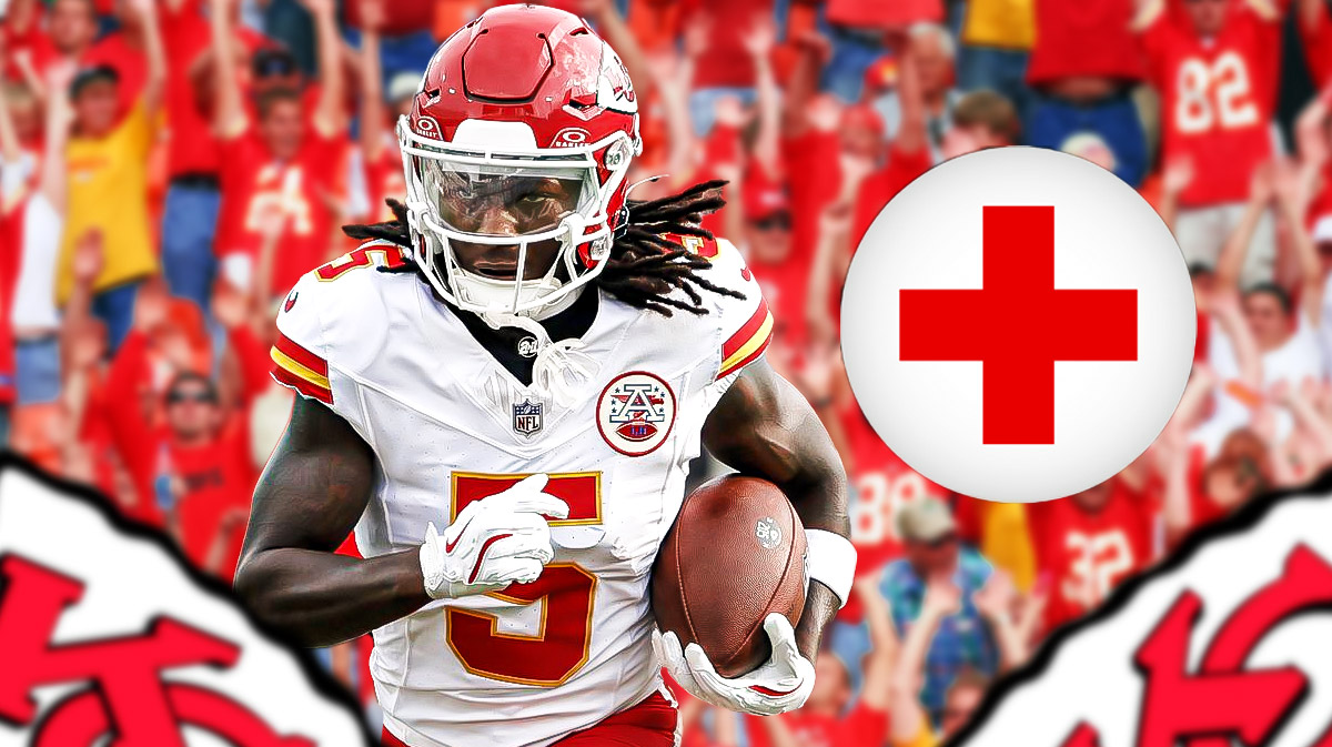 Kansas City Chiefs star Hollywood Brown with an injury sign in front of Arrowhead Stadium.