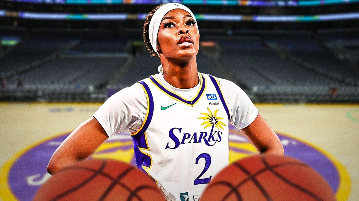 WNBA Los Angeles Sparks player Rickea Jackson on a basketball court with two basketballs