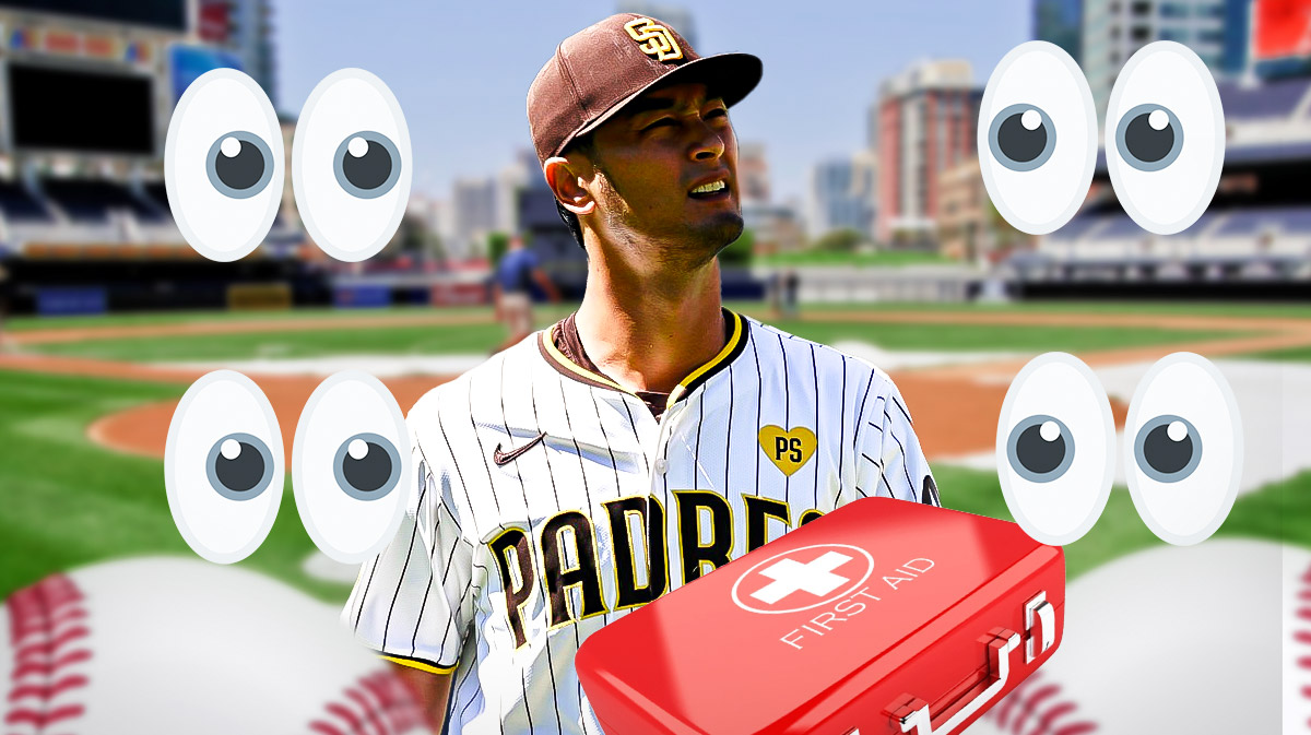 Yu Darvish with an injury kit in front of him and a bunch of the big eyes emojis in the background