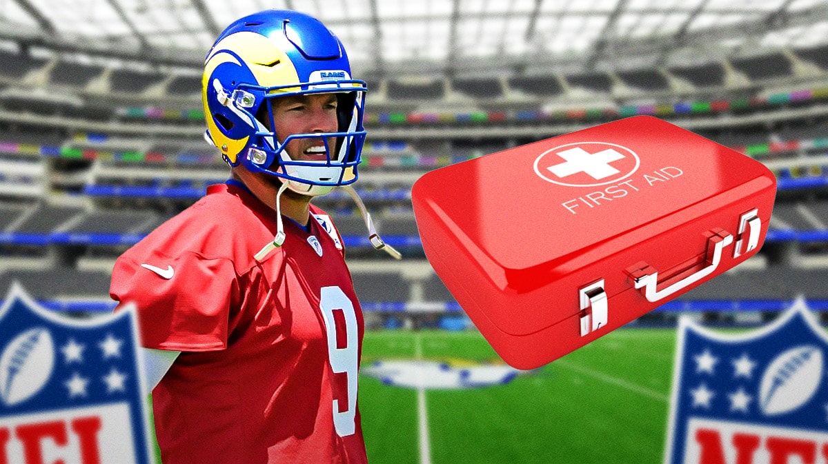 Matthew Stafford in a Rams jersey with the first aid kit.