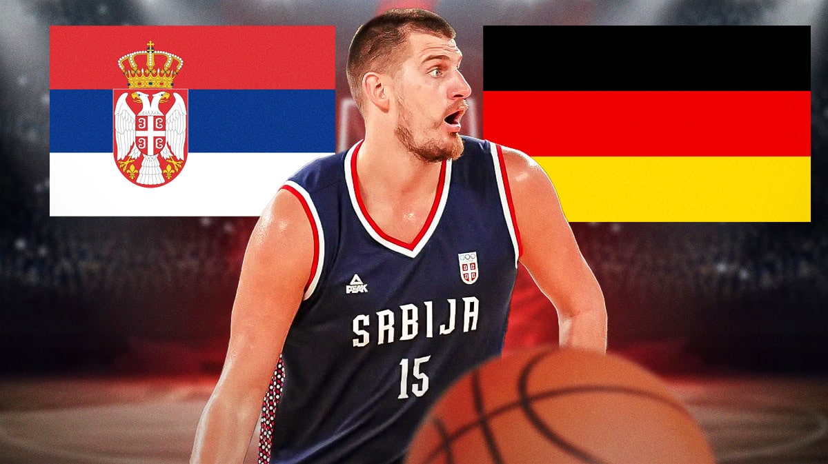 Denver Nuggets player Nikola Jokic and the Serbia and Germany flags