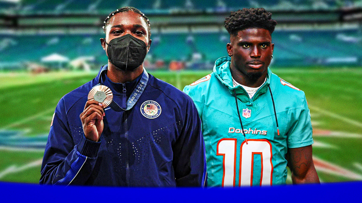 Noah Lyles in track gear and Tyreek Hill in a Dolphins jersey.