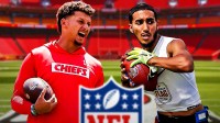 Patrick Mahomes laughs next to an angry Darrell Doucette