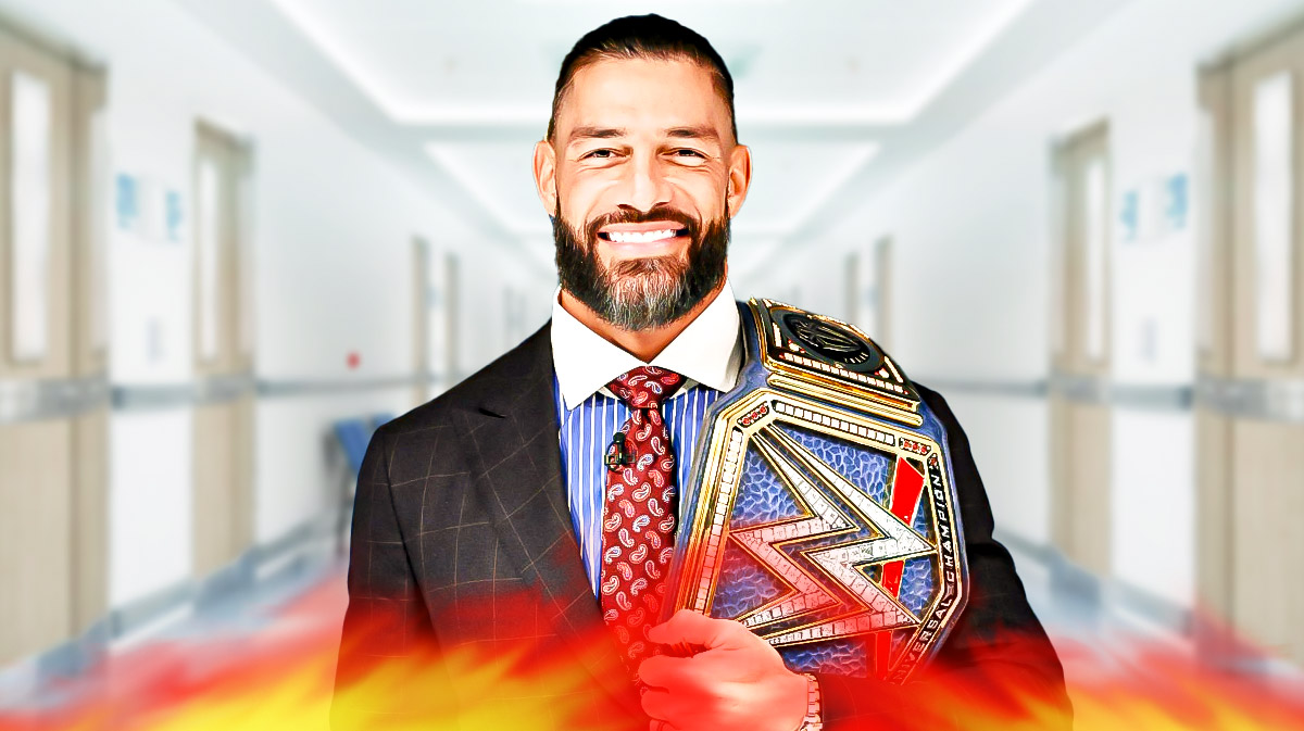 WWE star Roman Reigns, who is on hiatus, with hospital background.