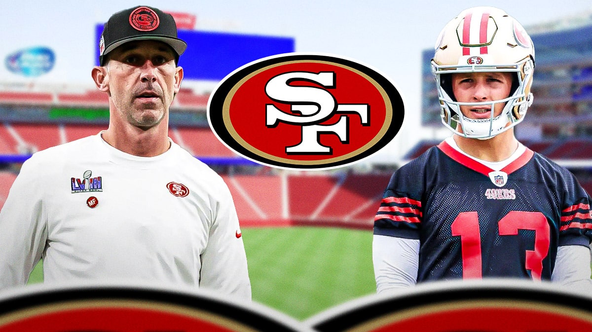 Kyle Shanahan and Brock Purdy next to a 49ers logo