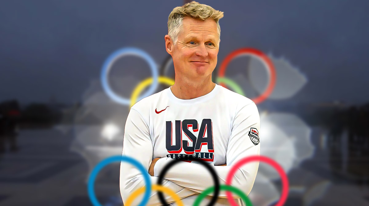 Steve Kerr with an Olympics-themed background.