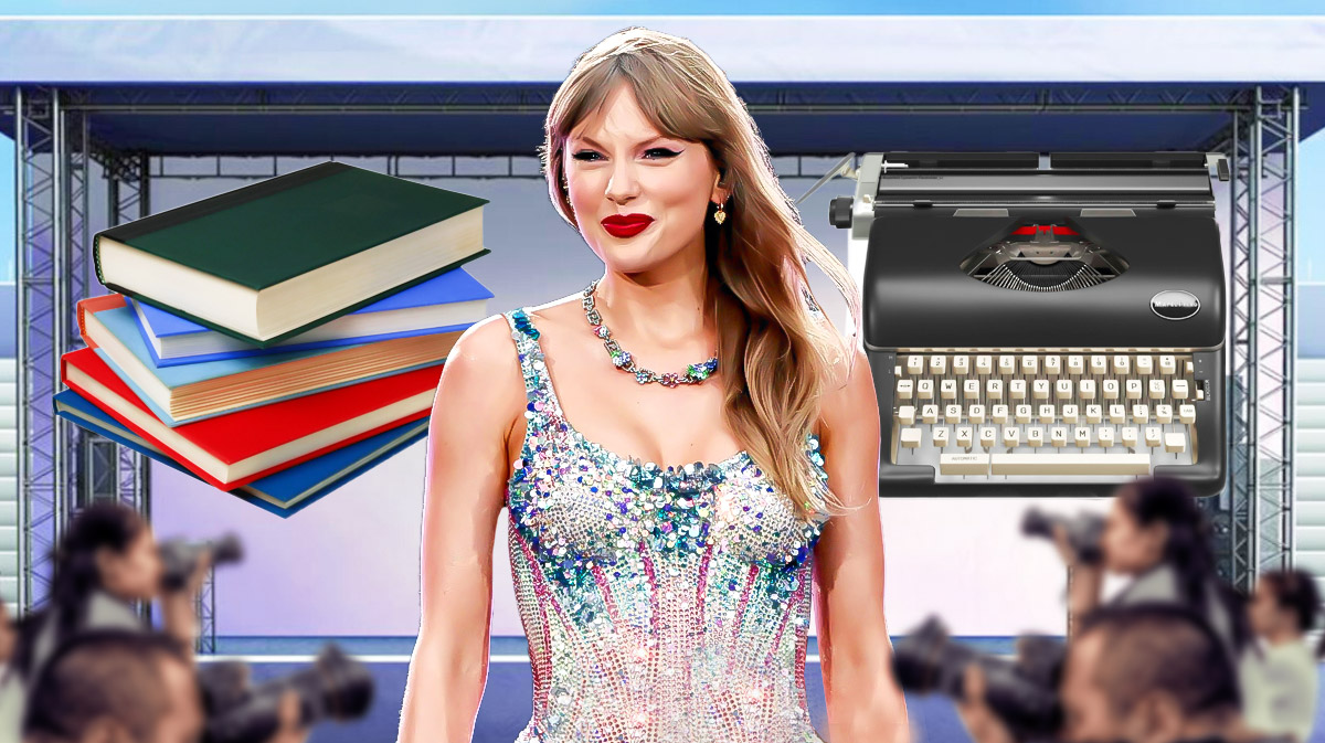 Taylor Swift on the Eras Tour with novels and typewriter.