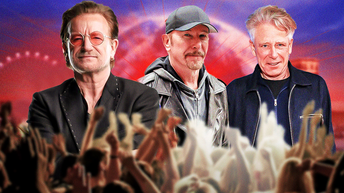 U2 members Bono, The Edge, and Adam Clayton, who will be featured in concert film, with Sphere background.