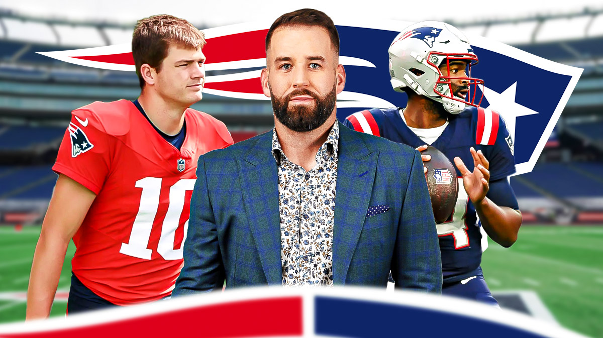 Former NFL QB Chase Daniel with New England Patriots QBs Drake Maye and Jacoby Brissett. There is also a logo for the New England Patriots.