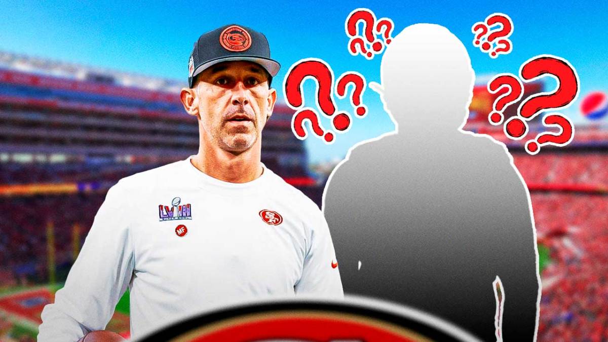 49ers coach Kyle Shanahan next to a silhouette of Browns' Jack Conklin with question marks all around."