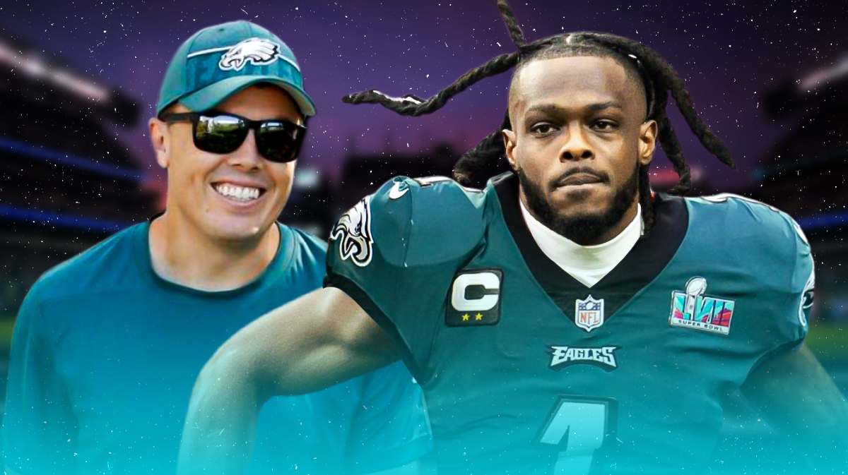 Noah Brown in an Eagles uniform next to Kellen Moore.