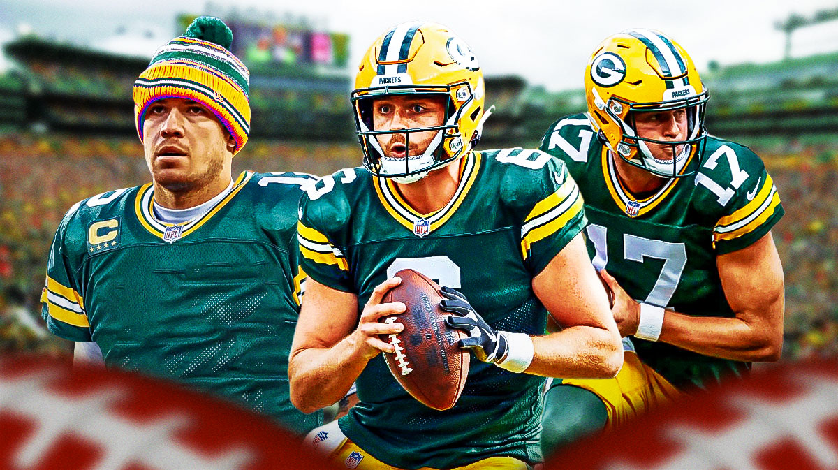 Sean Clifford, Michael Pratt, and Taylor Heinicke in Packers uniforms