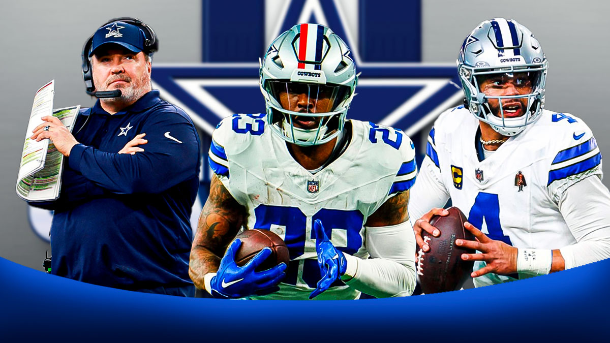 Rico Dowdle in the middle, Coach Mike McCarthy, Dak Prescott around him, Dallas Cowboys wallpaper in the background