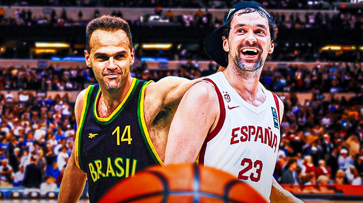 Oscar Schmidt playing for Brazil and Sergio Llull playing for Spain.