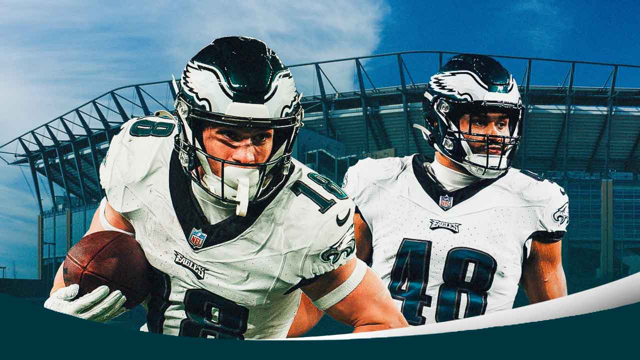 Britain Covey and Patrick Johnson in front of Lincoln Financial Field.