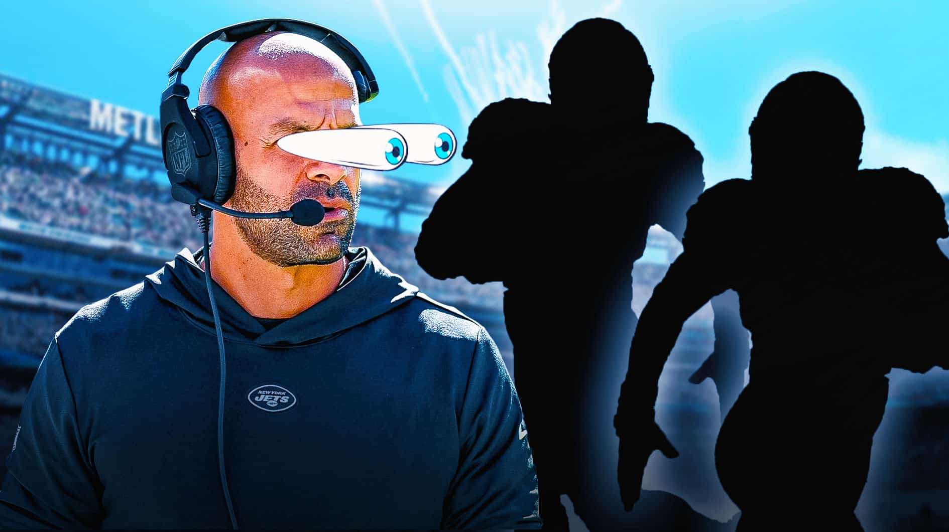 Robert Saleh in Jets gear looks at two silhouettes with bulging eyes