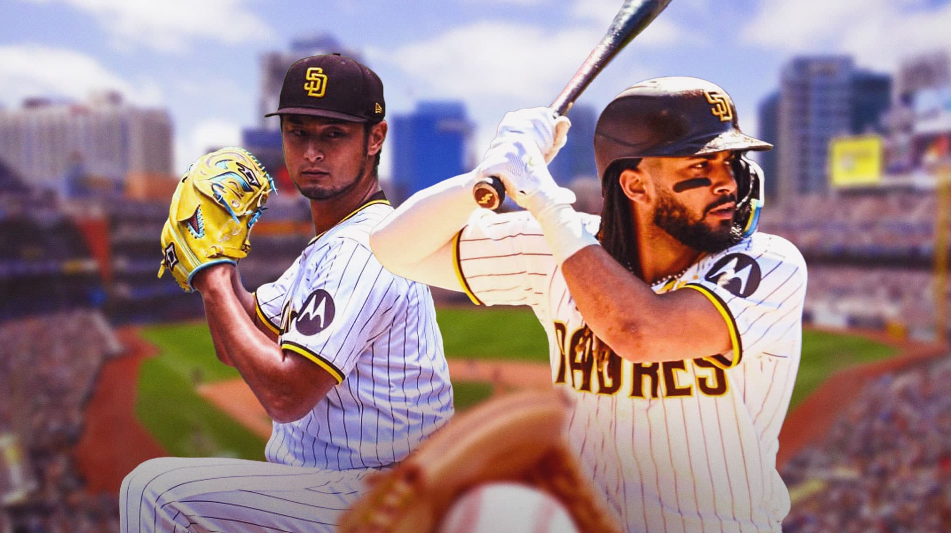 Yu Darvish (Padres) and Fernando Tatis Jr (Padres) in front of Petco Park in San Diego