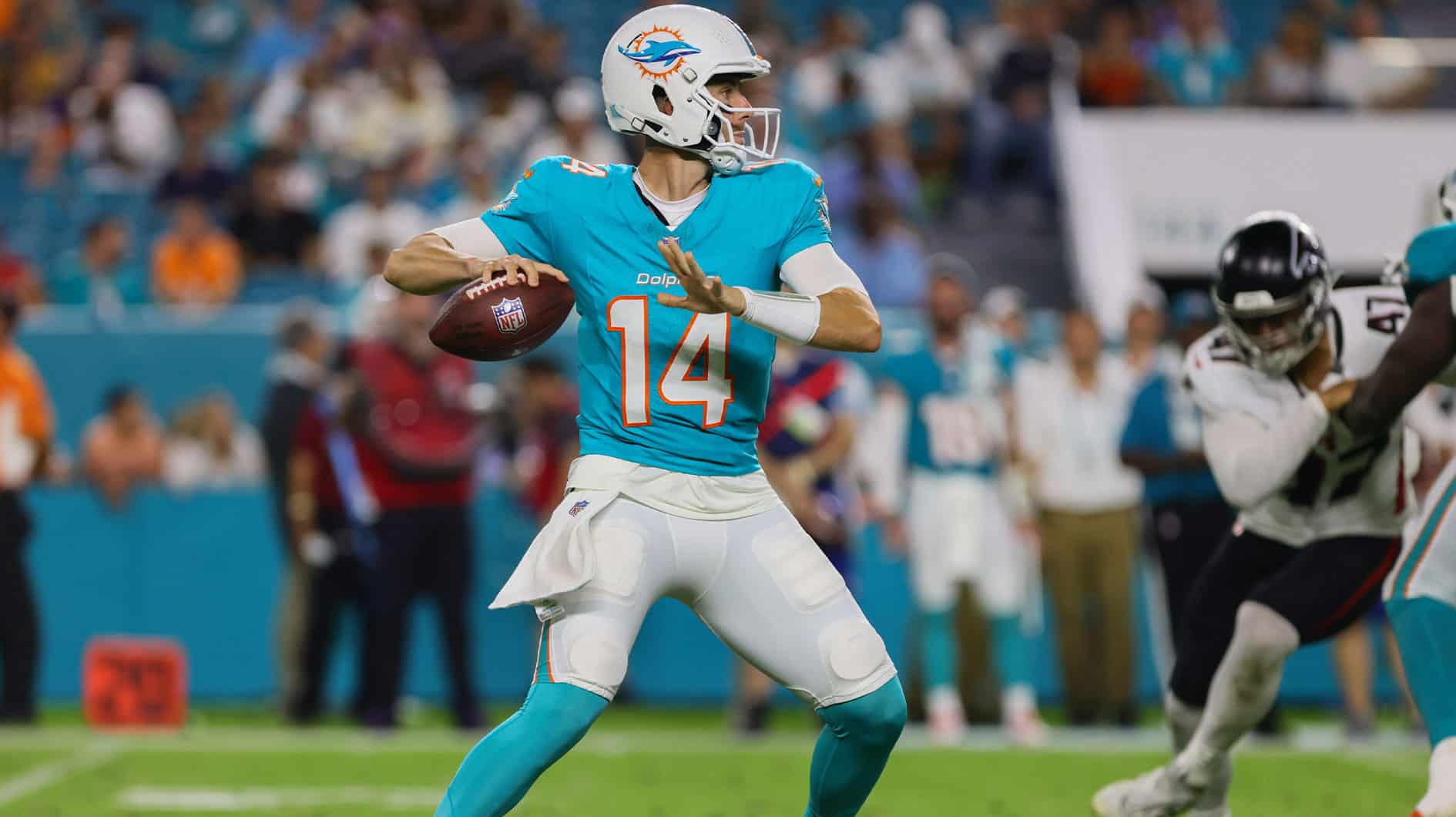 Miami Dolphins quarterback Mike White (14) throws the football against the Atlanta Falcons during the third quarter at Hard Rock Stadium.