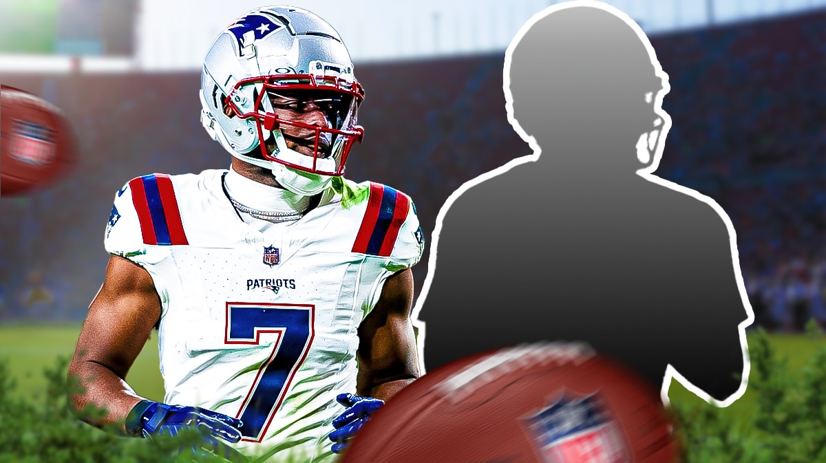 JuJu Smith-Schuster next to the blacked-out silhouette of Drake May with the Patriots logo as the background.