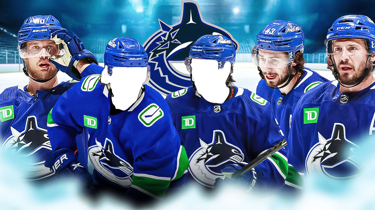 jt miller, quinn hughes, and elias pettersson with two vancouver canucks silhouettes and a canucks logo in background