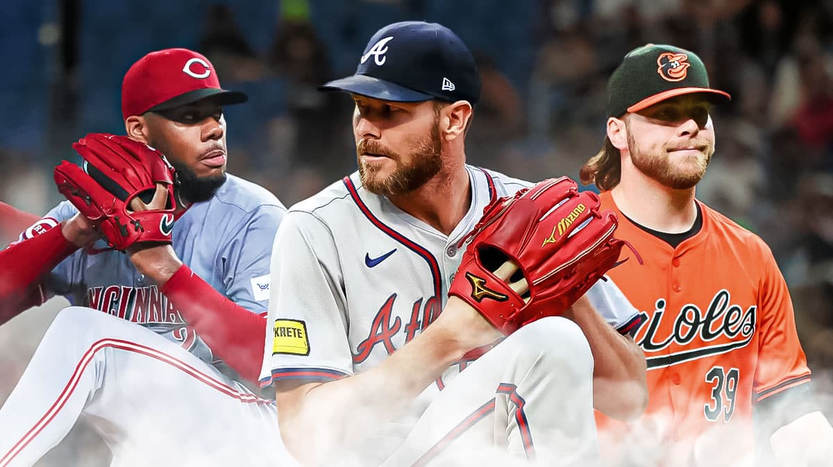 Atlanta Braves pitcher Chris Sale in the middle, Baltimore Orioles Corbin Burnes on one side, Cincinnati Reds Hunter Greene on the other