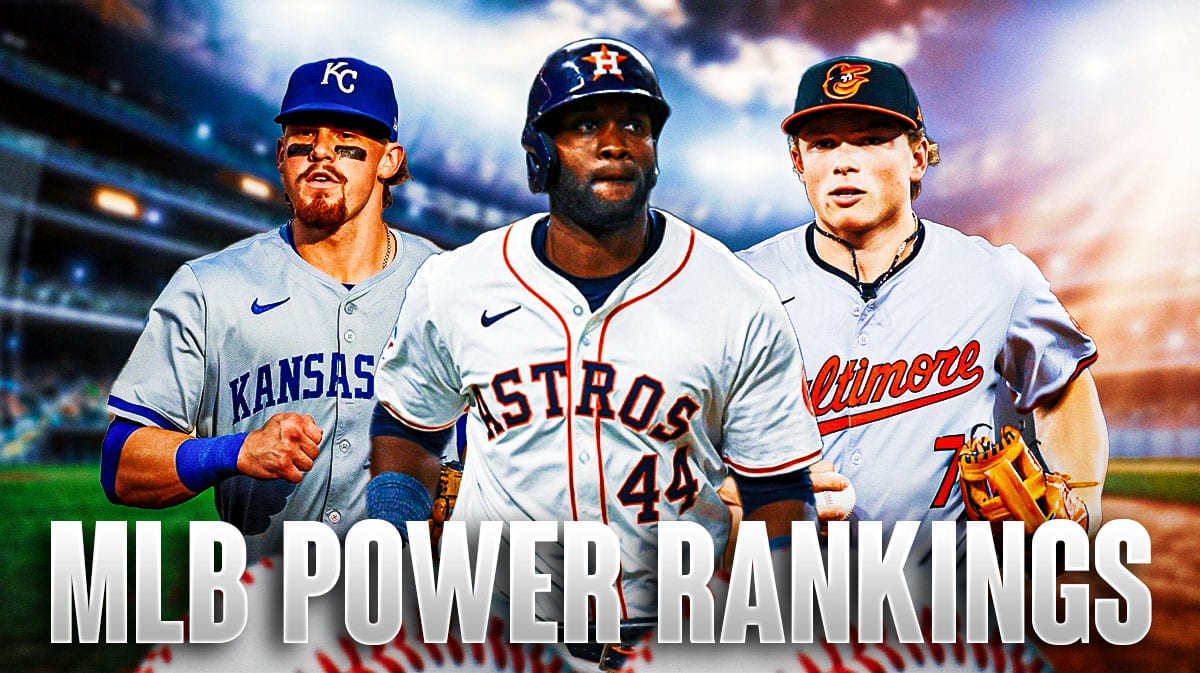 Baltimore Orioles' Jackson Holliday, Houston Astros' Yordan Alvarez and Kansas City Royals' Bobby Witt Jr. - bolded caption "MLB Power Rankings"