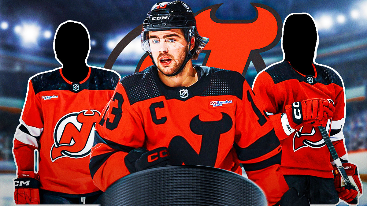 Nico Hischier in middle, one different silhouetted New Jersey Devils player on each side, New Jersey Devils logo, hockey rink in background