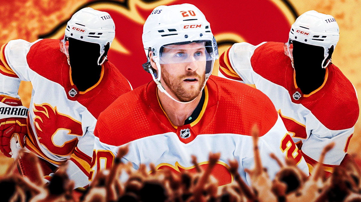 Blake Coleman in middle of image, two Calgary Flames silhouettes (one on each side), Calgary Flames logo, hockey rink in background