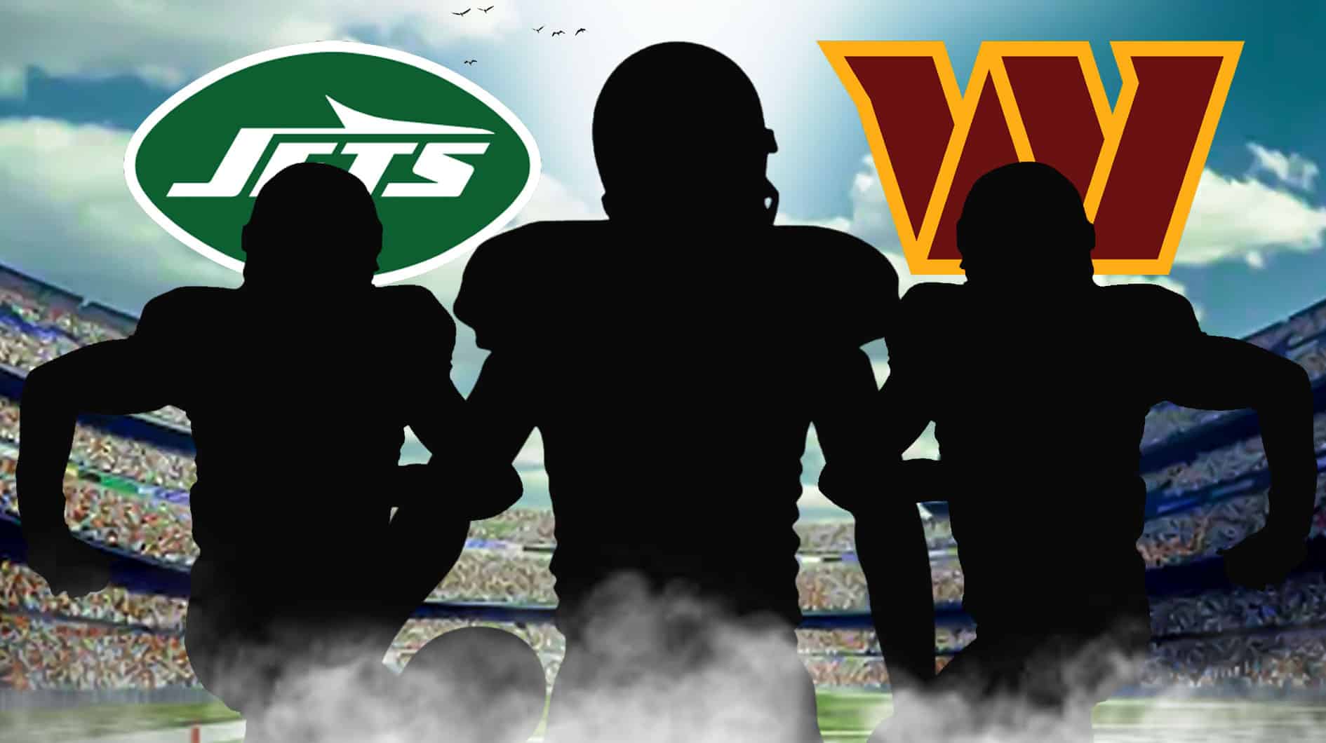 Three silhouettes next to Jets and Commanders logos