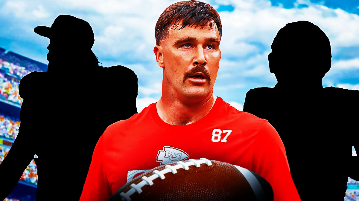 Travis Kelce and a silhouette of both George Kittle and Kyle Pitts.