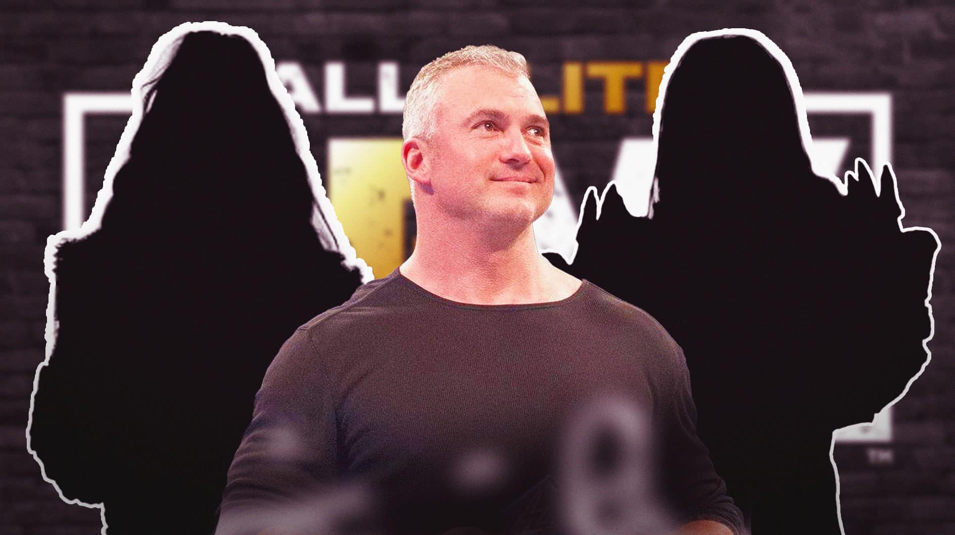 Shane McMahon with the blacked-out silhouette of Britt Baker on his left and the blacked-out silhouette of Mercedes Mone on the right with the AEW logo as the background.