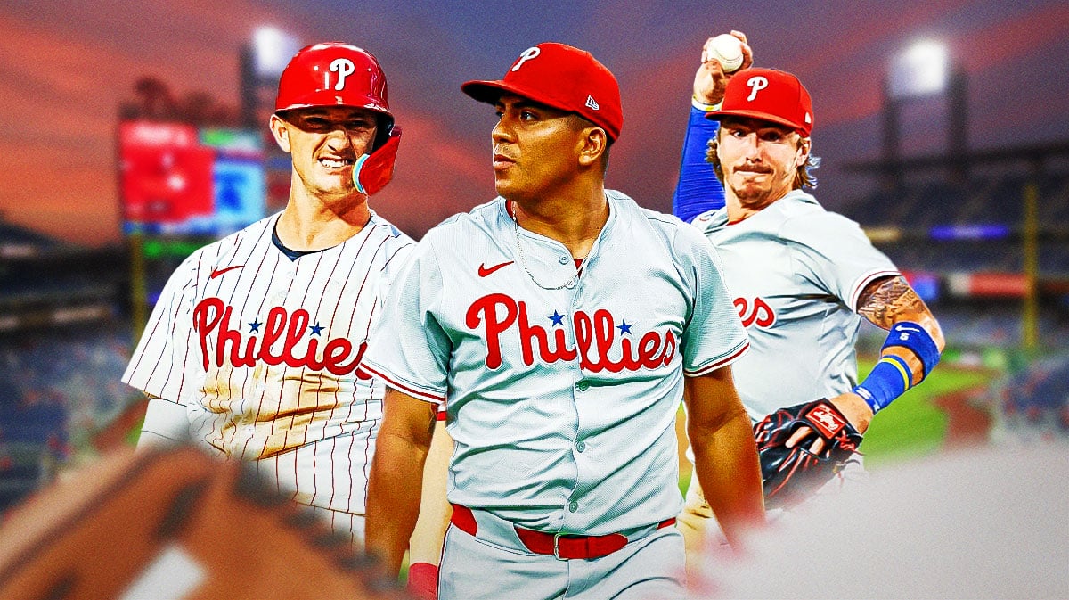 Ranger Suarez (Phillies), Austin Hays (Philllies), and Bryson Stott (Phillies). Background Citizens Bank Park (Philadelphia)