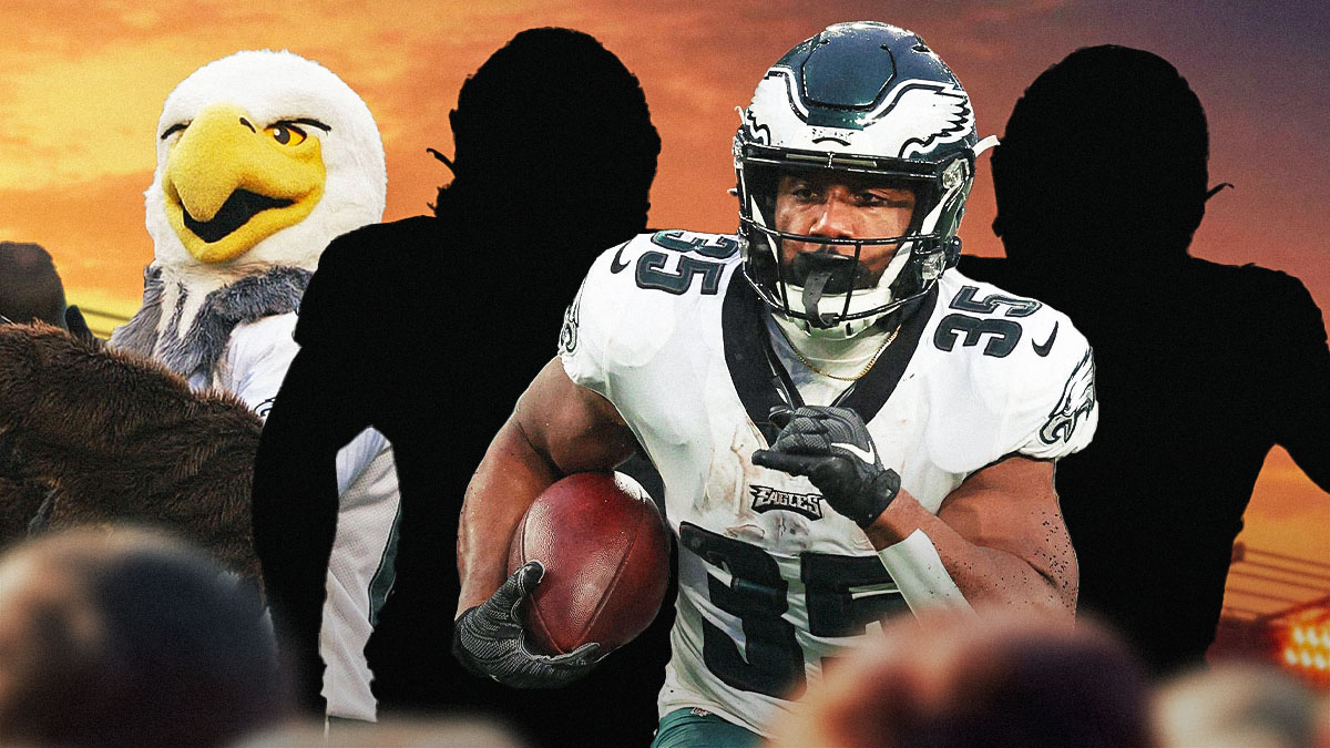 The blacked-out silhouette of Boston Scott, the Blacked-out silhouette of Quez Watkins, and the blacked-out silhouette of Jack Stoll next to Swoop, the mascot with Lincoln Financial Field as the background.